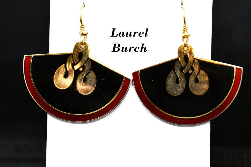 Laurel Burch Gold Fan Earrings, Cloisonné Enamel Black Red Love Knot Vintage